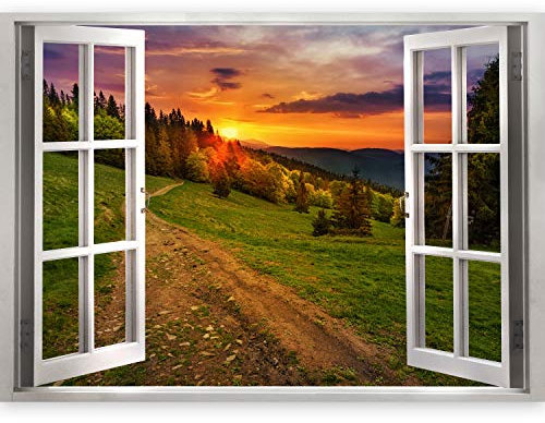 murando 3D WANDILLUSION Wandbild Landschaft Natur Fototapete Poster XXL Fensterblick Vlies Leinwand Panorama Bilder Dekoration Wiese Sonnenuntergang Bäume 140x100 cm c-B-0208-c-a