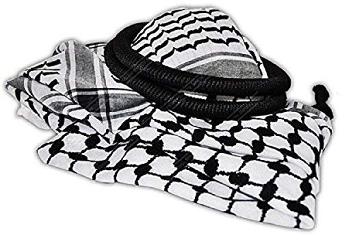 Arafat Arabischer Schal Keffiyeh Kafiya Shemagh Desret Palästina + Igal Agal Set von Bethlehem Gifts TM, Schwarz/Weiß, Größe L und XL, Schwarz, Large and X-Large