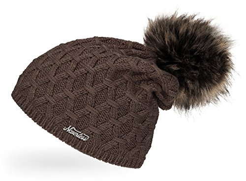Neverless® Damen Strickmütze gefüttert mit Fell-Bommel, Strick-Beanie, Winter-Mütze, Bommelmütze, braun Unisize