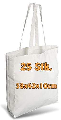Cottonbagjoe 25 Baumwolltaschen 38x42x10 cm mit langen Henkeln – natur – mit Boden- und Seitenfalte – OEKO-TEX® STANDARD 100 zertifiziert (10, Weiß)