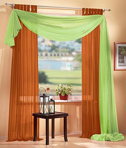 Gardinen Set, 2 x Schlaufenschal Voile, transparent, 245x140, Terrakotta, 1 x Voile Querbehang, Freihanddeko, 140x600, Apfelgrün, 61000560
