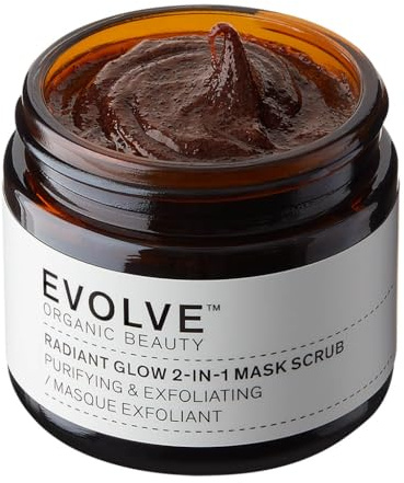 Evolve Organic Beauty Natural Radiant Glow 2-in-1 Mask Scrub with Raw Cacao and Sweet Almond Oil - Hydrating Face Mask for Normal to Dry Skin (60ml)