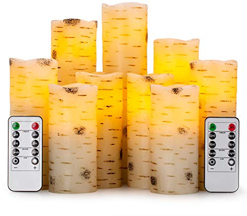 Enpornk Flameless Flickering LED Candles with Birch Bark Effect - Set of 9 Battery-Operated Real Wax Pillar with 10-Key Remote Control - 2/4/6/8 Hour Timer