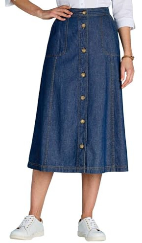 Chums Ladies 100% Denim Button Through Skirt Elasticated Back Waist Panelled Design with Pockets Lengths 27 Petite, 29 Regular Denim 24