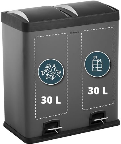 Homra Cubo de Basura con Pedal Neviq 2x30 Litros | Sistema Selectivo de Clasificación de Residuos 60 Litros | Cierre Suave | Doble Papelera de Reciclaje | Rectangular Acero Inoxidable | Gris