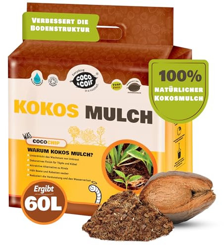 Coco & Coir Kokosmulch für Pflanzen 4,5 kg (60 l) – Kokoschips zur Reduzierung von Unkraut & Verdunstung – 100% natürlicher Kokoskompost zur Beetabdeckung & als Schneckenschutz – Coir Mulch