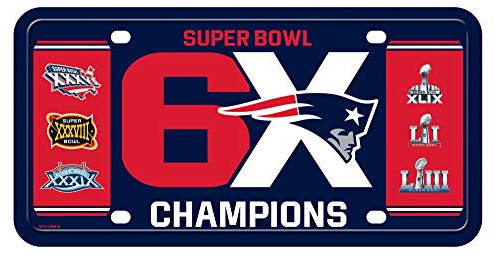 Rico Industries, Inc. New England Patriots 6 x Champions Metallanhänger Neuheit Aluminium Nummernschild Super Bowl Fußball