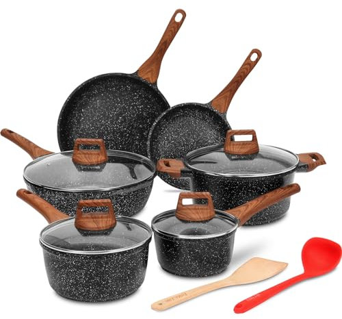 ESLITE LIFE Juego de ollas y sartenes antiadherentes de inducción con revestimiento de granito con sartén, sartén, sartén, sartén, olla, espátula y cucharón, 12 piezas, negro