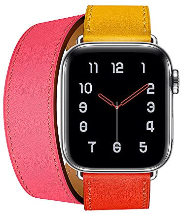 Aergood Cuir Bande,Compatible avec Apple Watch Bracelets 38/40/41mm 42/44/45mm, Double Tour Bracelet de pour iwatch Series 7 6 5 4 3 2 1 SE(38/40/41mm,Orange/Jaune)
