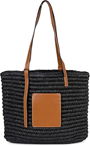 styleBREAKER Korbflecht Schultertasche aus Papierstroh mit Kunstleder Details | Damen Shopper Basttasche geflochten mit Reißverschluss | Strandtasche 43 x 34 x 4 cm, Farbe:Schwarz
