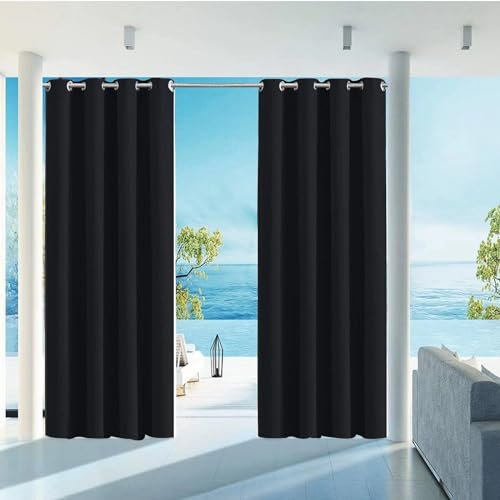 HUAXIQUE Outdoor Vorhang Wasserdicht Wetterfest Blickdicht 380X214cm Schwarz Verdunklungs Vorhänge mit Ösen Sichtschutz Sonnenschutz Outdoor Gardine für Balkon Terrasse Pergola Gartenlaube Veranda