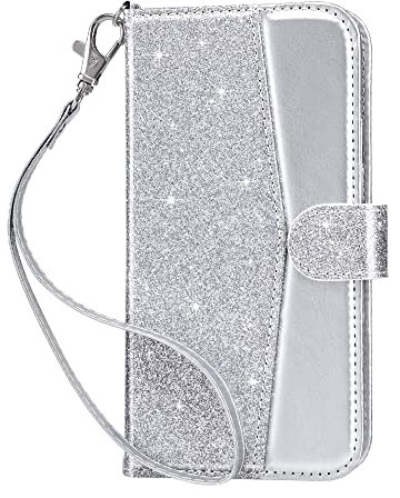 ULAK Wallet Case Compatible with iPhone 11, Flip Case with Card Holder PU Leather + TPU Bumper Stand Cover Kickstand Full Protective Phone Case for iPhone 11 6.1 inch - Silver Glitter
