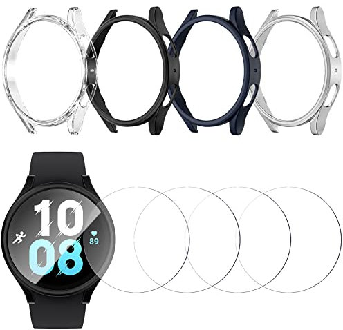JZK Schutzhülle kompatibel mit Galaxy Watch 5 Galaxy Watch 4 44mm,【4+4 Stück】4 Hart PC Schutz Hülle und 4 HD Gehärtetes Displayschutz Folie,Smartwatch Zubehör für Samsung Galaxy Watch 5 Watch 4 Hülle