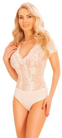 Kalimo Damen Body Spitzenbody Thina | Elegant body Bodysuit kurzarm | Farbe: Ecru | Größe: L | Material: Spitze | Spitzenbesatz Satin Tiefer Ausschnitt aus weichem Mesh | für Hosen oder Röcke