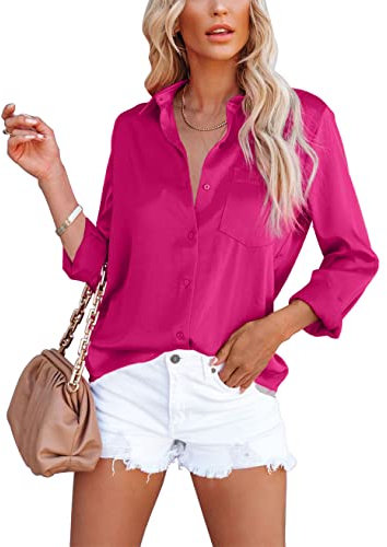 Homlan Blusa Elegante de Mujer con Cuello en V de satén, Mangas largas, Estilo Informal, Camisa Holgada de Color sólido con Bolsillo en el Pecho, Rojo Rosado, XL