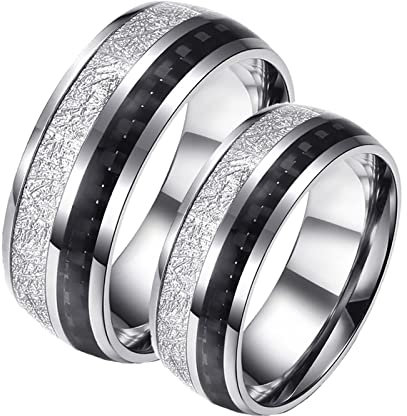 AMDXD Freundschaftsringe Freundinnen, 8mm Edelstahl Ehering Frau Silber Schwarz mit Kohlefaser Eheringe Herren, 2er, Frauen 65 (20.7) & Männer 60 (19.1)