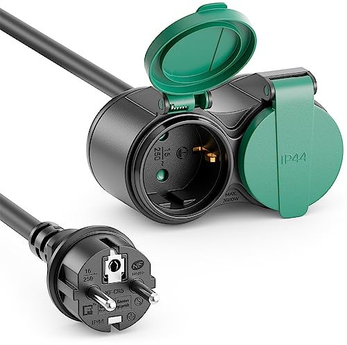 deleyCON 15m Outdoor Verlängerungskabel Stromkabel IP44 (H07RN-F 3G1.5mm²) Strom Verlängerung Witterungsbeständiges Gummi-Kabel für Außenbereich - Schutzkontakt Stecker auf 2X Buchse - Schwarz
