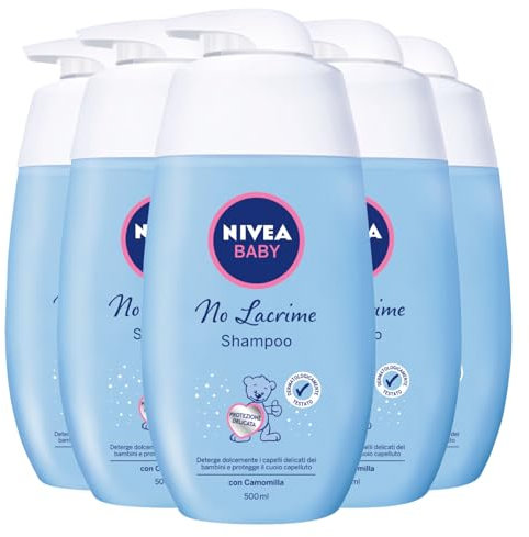 Nivea Baby Shampoo No Lacrime Detergente Capelli Bambini Senza Coloranti Artificiali Docciashampoo delicato e ipoallergenico con Camomilla Senza Alcool e Parabeni - 5 Flaconi da 500ml