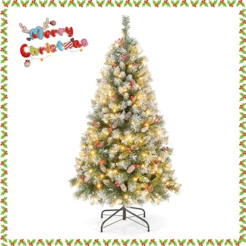 RELAX4LIFE Árbol de Navidad de 150/200 cm, Verde nevado con 200/420 Luces, 42/69 piñas y 126/207 Bayas Rojas, Ramas Rorte para casa y Tienda (150 cm)