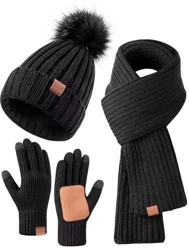 FISFET Mütze, Schal & Handschuh-Sets für Damen, Beanie Mütze Damen Winter mit Bommel Fleece Gefütterte, Touchscreen Handschuhe Schal Wärmer Mütze Damen 3 in 1 Geschenk Set(Schwarz)