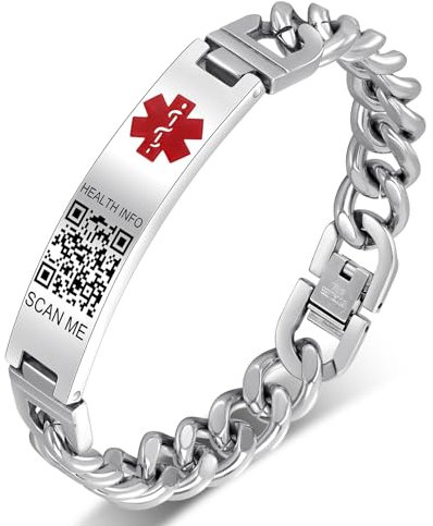 Theluckytag Medizinisches Armband für Damen und Herren mit QR-Code, medizinische Notfall-ID-Armbänder, Titan-Stahl, passt auf Handgelenken von 20,3–25,4 cm, mehr Platz, individuelle Notfall-ID-Info,