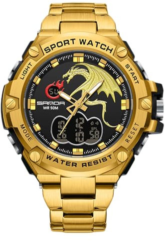 rorios Herren Elektronische Dual Display Uhr 5ATM wasserdichte Armbanduhr Digital Analog Quarz Uhren Multifunktional Militär Herrenuhren Edelstahl Armband Schwarz Gold