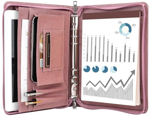 KISSKI A5 Schreibmappe Leder für Damen, 6 Ringbuch Konferenzmappe, Veganes Leder Aktenmappe mit Stift-/Kartenhalter, 10,6 x 7,6 Zoll für Klemmbrett, Tablet für iPad Mini/Air 2, Pink