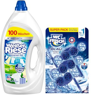 Weißer Riese Universal Gel (100 Waschladungen), Vollwaschmittel sorgt für strahlend saubere Wäsche & WC FRISCH Kraft Aktiv Blauspüler Chlor (150 g), WC Reiniger, 1er Pack