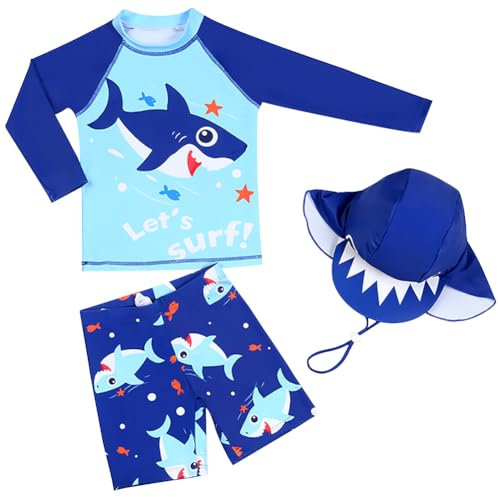 AIWUHE Schwimmshirt Kinder Uv-Schutz Bade-Set zweiteilig Schwimmshirt Badehose Langarm Haifisch-Muster T-Shirt mit Badekappe Blauer Hai 160