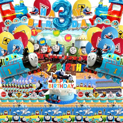 81 Pcs Thomas 3 Jahre Geburtstagsdeko, Thomas 3 Jahre Geburtstagsparty Ballon, Thomas Partygeschirr Set, Luftballon Thomas Zug, Thomas Cake Decoration, Thomas Pappteller Und Gewebe, Thomas Tischdeko