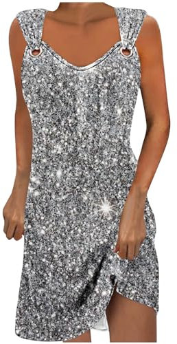 AMhomely Sparkling Dress for Women - Silver, Size L - Midi Length Sleeveless V Neck Sequins Print Casual/Evening Wear