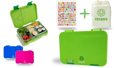 sosame BPA-frei Brotdose mit Fächern, Tritan Lunchbox & Bento Box für Kinder und Erwachsene, mit Kordel zug Tasche und Buchstabenaufklebern, Jausenbox für Kindergarten, Schule und Ausflug (GRÜN)