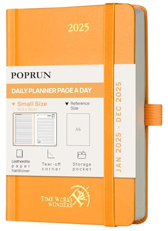 POPRUN Kalender 2025 Tagesplaner Hardcover 16 x 10,5 cm, Tageskalender A6 1 Tag 1 Seite (Montag - Sonntag), Terminplaner (Jan.2025-Dez.2025) mit Stiftschlaufe - Orange
