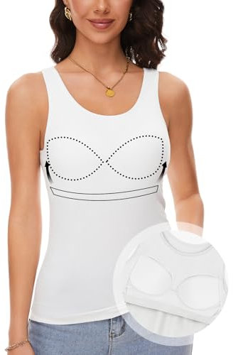 ANYFITTING Damen Unterhemd mit Integriertem BH Tank Top ärmellose Shirts Basic U-Ausschnitt Eingebauter BH Bügelloser Gepolstert Tank Tops Sommer Yoga S