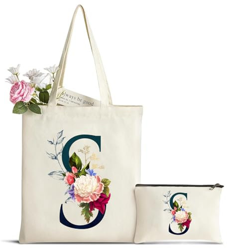 Personalizadas Inicial Bolsa de Lona, Bolso Tote de Mujer con Inicial y Flores, Bolsa de Compras con Bolso de Cosméticos, Regalos para Damas Amigas Mamá, Regalo de Cumpleaños Boda Navidad S