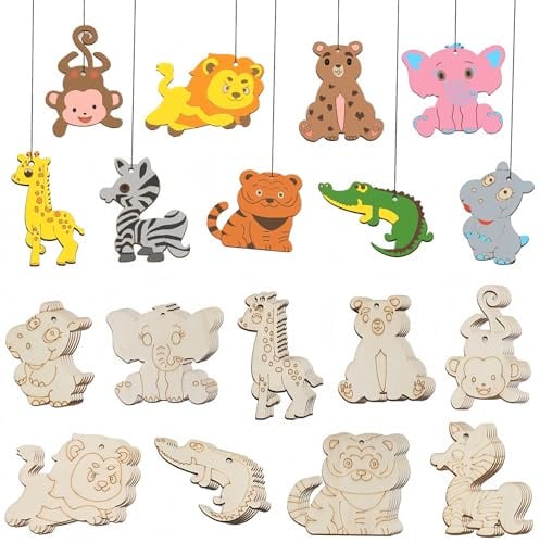 HERZWILD 45 Stück Tier-Holzausschnitte, Ornamente zum Basteln, Dschungeltiere, unlackierte Holzscheiben, blanko, Holz-Tiger, Affe, Elefant, hängende Dekoration für Weihnachten, Bastelarbeiten
