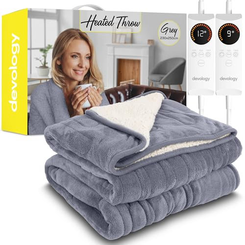 Devology Heated Throw - Dual Control Electric Blanket - Digital Controller - Timer up to 12 hours, 6 Heat Settings, Auto Shutoff - Machine Washable - King Size 230x250cm - Grey Shearling