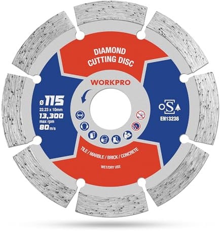 WORKPRO 115mm Diamond Cutting Disc, Segmented Diamond Saw Blade for Angle Grinder, 115 x 2 mm Dry Cutting Wheels for Stone, Concrete, Marble, Granite, Brick and Tiles