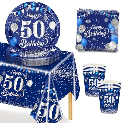 MORAINJAY 53Pcs Birthday Tableware Set for 50,Navy Blue Silver Tableware Set for 50th Birthday Party with Plates,Napkins,Tablecloth,Dinnerware Set for 50,Party Supplies Table Decor for Him,Men,Adults