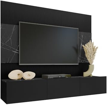 Mirjan24 Deromi Meuble de salon avec panneaux muraux et meuble TV bas, panneaux acoustiques, meuble TV, meuble multimédia, meuble TV bas (noir + marbre noir, sans étagère suspendue)