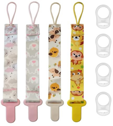 Kina - Catenella Portaciuccio Atossica Senza BPA - 4 Fantasie Catenella Ciuccio con Clip Sicura e Porta Ciuccio Lavabili in Lavatrice con 4 Adattatori
