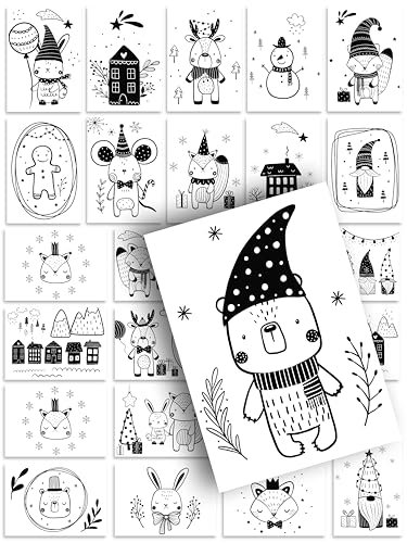 Weihnachtskarten 24 Postkarten Schwarz-Weiß Tiere Deko Design Illustration schön süß Weihnachtspostkarte Weihnachten Xmas Set Mix Geschenk Grußkarte Geschenkkarte niedlich black white Adventskalender