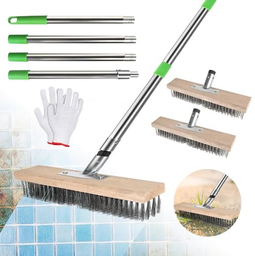 SUPAWAY Juego de 2 Escobas de Metal 30cm Cepillos de Alambre Juntas Cepillo Metálico Acero con Mango Largo (1,6m) Escoba Exterior para Eliminar Musgo,Malas Hierbas,Manchas Difíciles Jardines,Terrazas