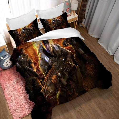 Ste-X Gears of War-Bettbezugset Aus 100% Reiner Baumwolle Mit Verstecktem Verschluss, 3-teiliges, Weiches Wohnaccessoire-Bettset Mit 1 Bezug Und 2 Kissenbezügen (GOW 05,135x200cm)