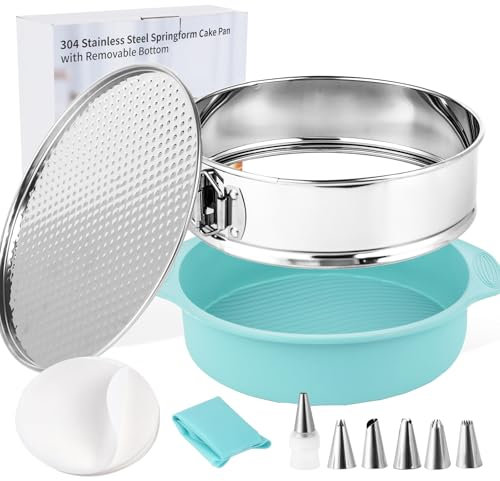 Spmarkt 10-inch Stainless Steel Springform Pan with Silicone Protector, Removable Bottom, Parchment Paper, Decorating Kit Piping Bags and Tips- Great for Birthday Parties