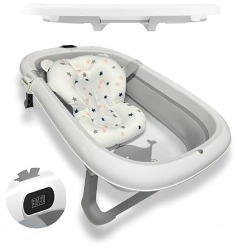 BATHBY Bañera Plegable gris para Bebés Recién Nacidos, con Cojín Reductor, Termómetro Integrado y Patas Antideslizantes, Compacta y Segura (Gris ballena pastel)