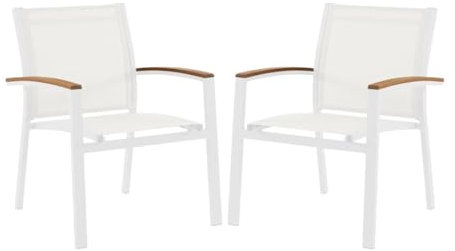 Vente-unique-Gartensessel 2er Set - stapelbar - Aluminium & Textilene - Weiß & Armlehnen Akazie - TAIPIVAI von MYLIA