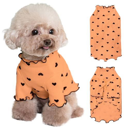 Yaopelky Pet Clothes for Small Dogs Cat Summer Fall Heart Print Shirt Stretchable Ruffle Long Sleeve Outfits for Chihuahua Schnauzer Shih Tzu Yorkie (Orange, XL)