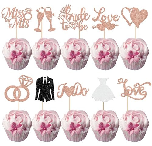 30 Stück Hochzeit Tortendeko Glitzer Bride to Be Cupcake Toppers Liebe Herz Diamant Ring Braut und Bräutigam Kuchen Deko für Verlobung Hochzeiten Thema Party Kuchen Dekorationen Rosegold