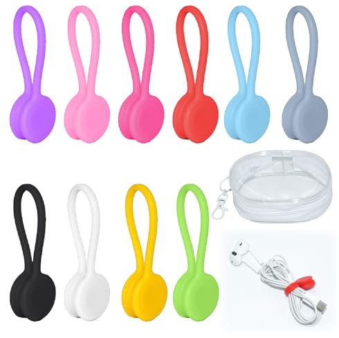 SHENSAIGO 10 Stück Magnetische Kabelbinde, Wiederverwendbare Kabelbinder Magnetic, 10 Farben Magnet Silikon Kabelbinder, Multifunktionale Magnetisch Cable Ties für Drähten Kopfhörerkabel USB-Ladekabel